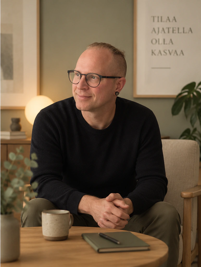 Psykoterapeutti Antti Haltiamieli istuu nojatuolissa terapiahuoneessa