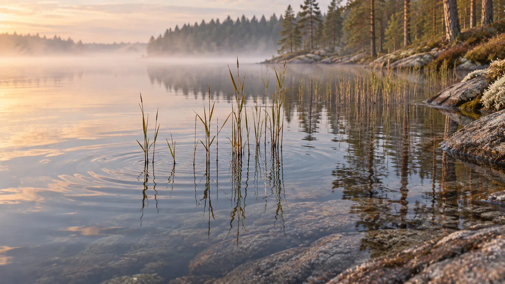 Rauhallinen järvimaisema aamu-usvassa