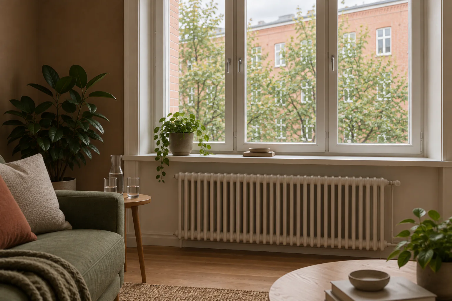 Valoisa ikkuna sisäpihalle rauhallisessa terapiahuoneessa